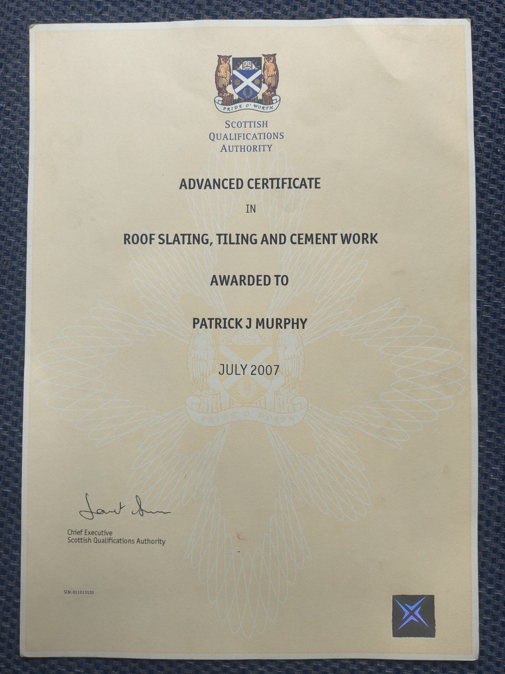 Patrick Murphy Advanced roofing Certificate 