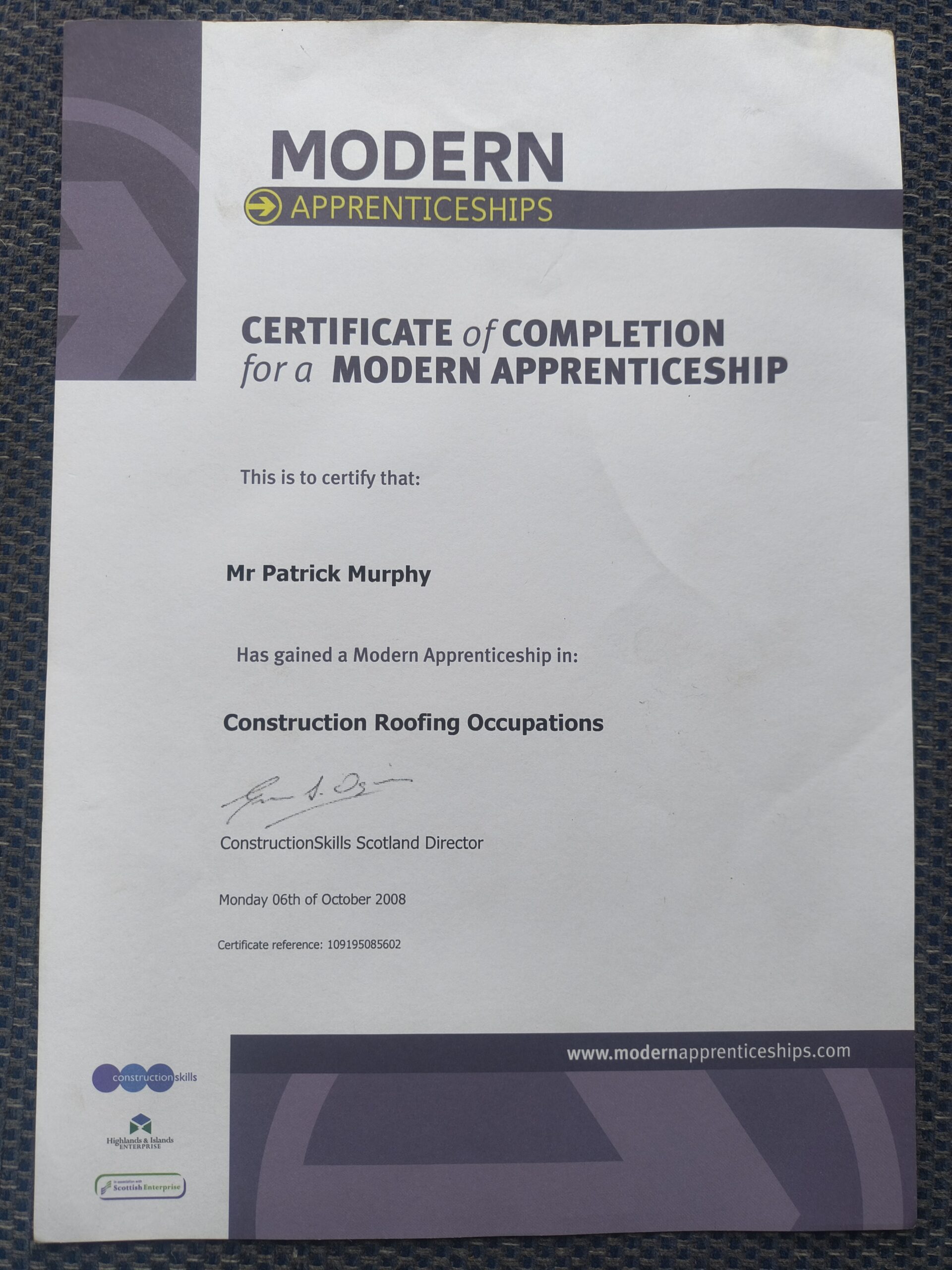 Patrick Murphy completed apprenticeship certificate 