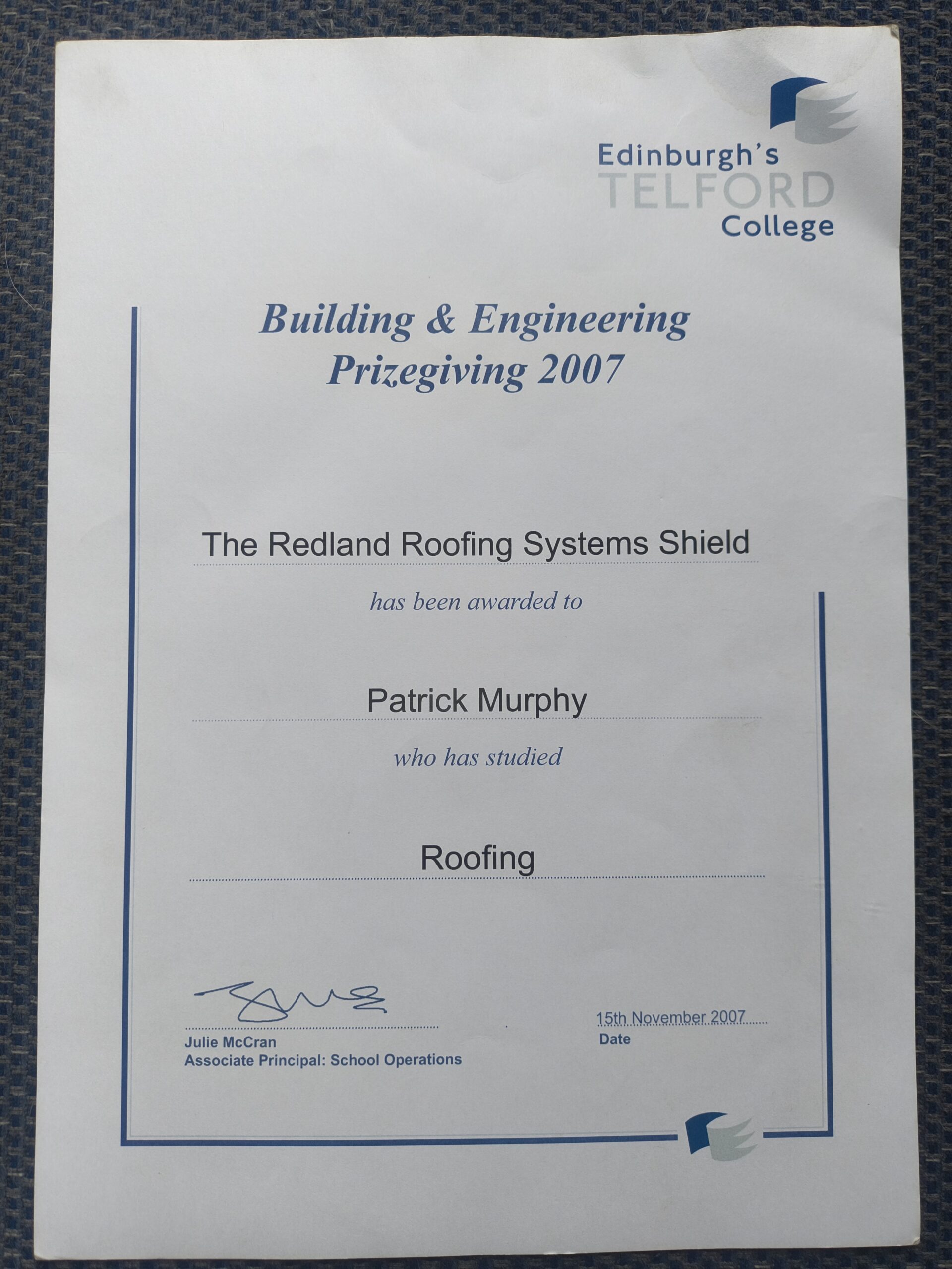 Patrick Murphy Redland roofing systems shield winner 